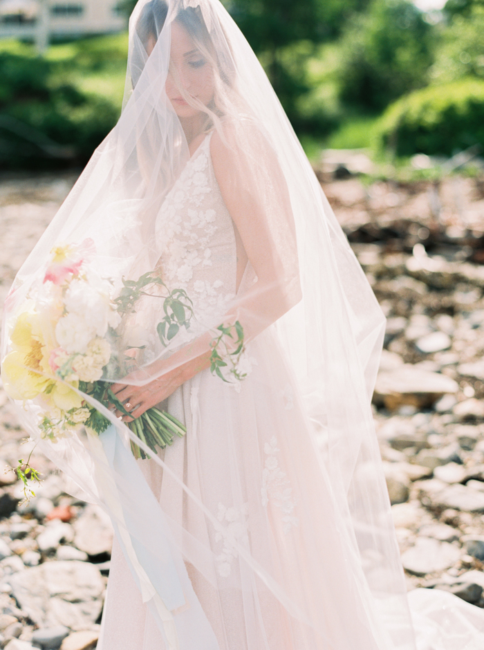 Maine wedding photography, bride with veil on the beach